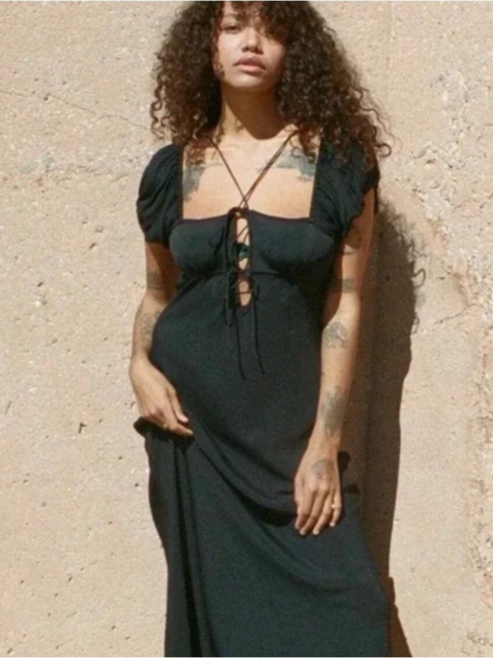 Doen Veronique Black Maxi Dress XXL Tie Front Puff Sleeve Romantic